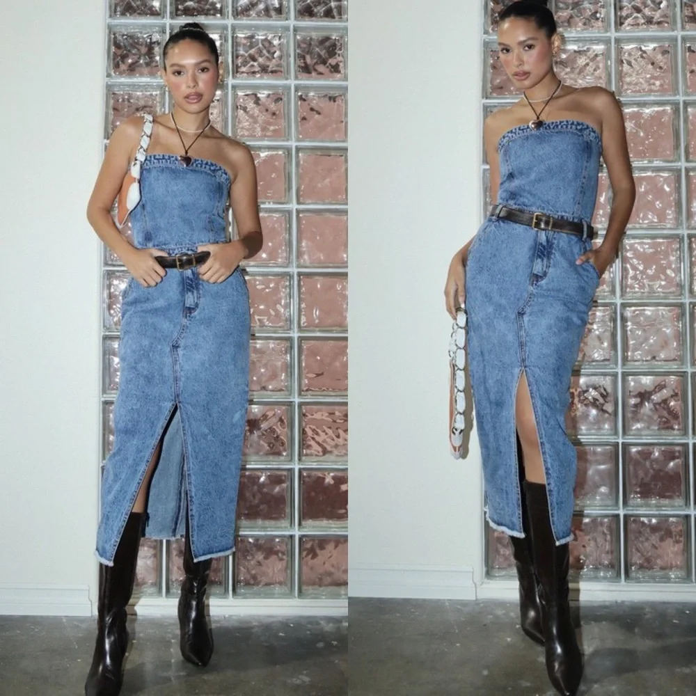 🦃24 HOUR SALE🦃 Put A Record On Denim Tube Midi Dress - Picture 1 of 6